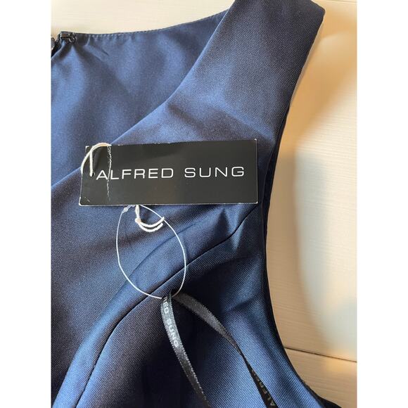 Alfred Sung NWT Gown Maxi Dress Sz 16 Satin V-Neck Pockets D778 Midnight Blue - Picture 7 of 12